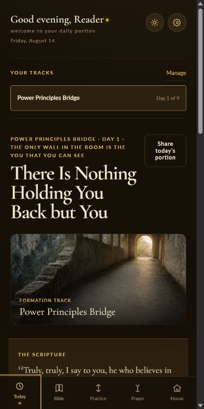 Daily Portion Today screen showing a calm Scripture and formation rhythm